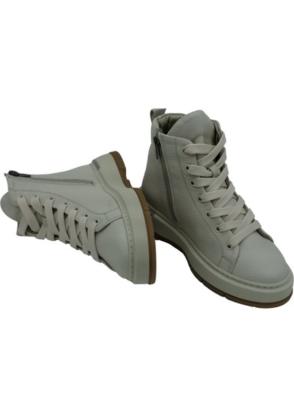 Orla Hakiki Deri 6 cm Boy Uzatan Kadın Bot - Krem