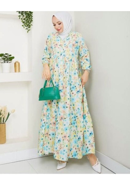 Kadın Çiçek Desenli Alaçatı Model Düğmeli Kat Kat Elbise
