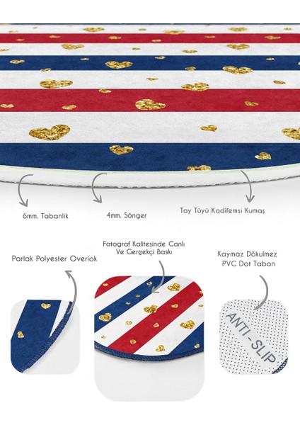 Altın Kalpler Çizgili Yuvarlak Halı – Modern Dekoratif Tasarım