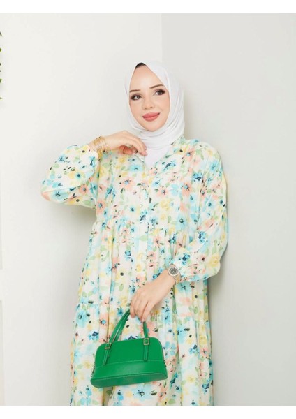 Kadın Çiçek Desenli Alaçatı Model Düğmeli Kat Kat Elbise modelleri