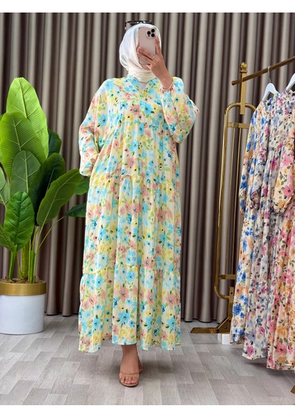 Kadın Çiçek Desenli Alaçatı Model Düğmeli Kat Kat Elbise indirimleri