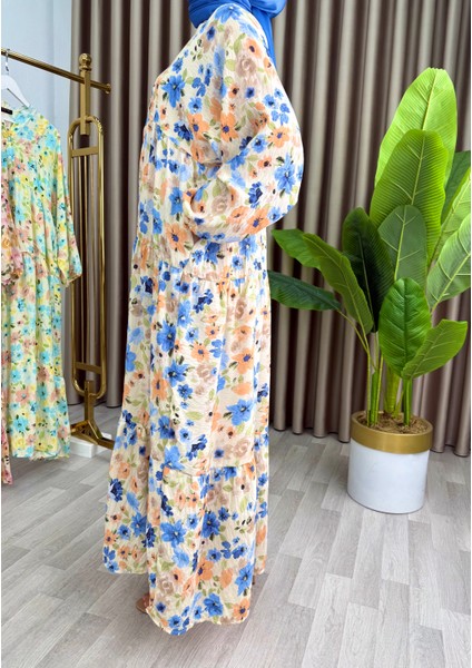 Kadın Çiçek Desenli Alaçatı Model Düğmeli Kat Kat Elbise