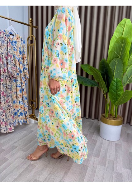 Kadın Çiçek Desenli Alaçatı Model Düğmeli Kat Kat Elbise