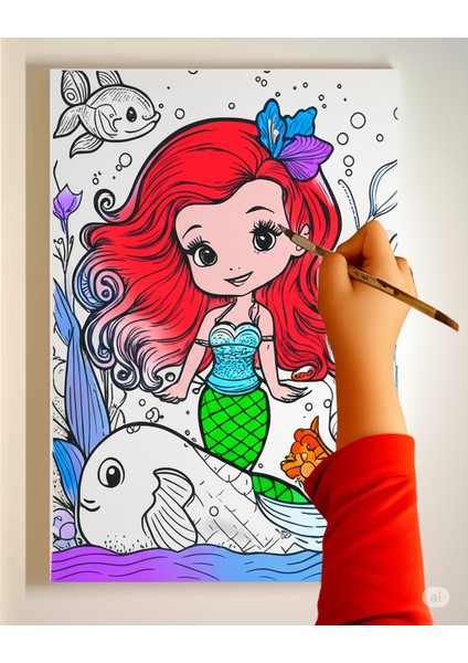 25 x 35 cm Resimli Tuval Çocuk Boyama Seti Deniz Kızı Resimli 6 Renk Akrilik Boya ve 2 Fırça Adet Fırça