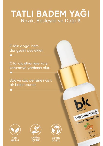 Tatlı Badem Yağı %100 Saf- Işıltılı Yumuşaklık, Hassas Bakım, E Vitamini, Yoğun Nem Serum 20 ml fiyatları