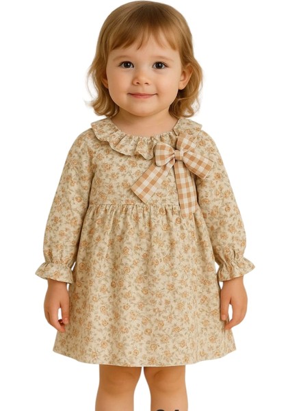 Lüks Kız Elbise Astarlı Çiçekli Desenli Gizli Fermuarlı Bağlamalı papyonlu