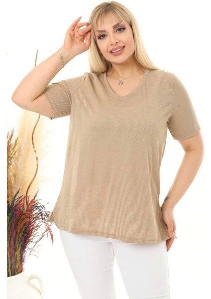 Kadın Büyük Beden V Yaka Simli Çizgili Viskon Tshırt