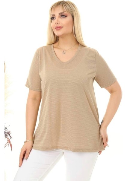 Kadın Büyük Beden V Yaka Simli Çizgili Viskon Tshırt fiyatları