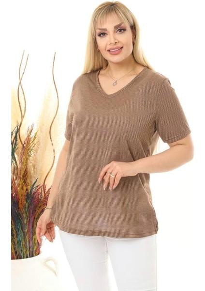 Kadın Büyük Beden V Yaka Simli Çizgili Viskon Tshırt