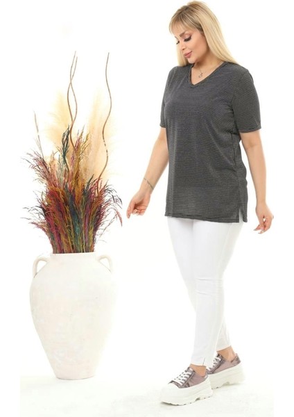 Kadın Büyük Beden V Yaka Simli Çizgili Viskon Tshırt fiyatları