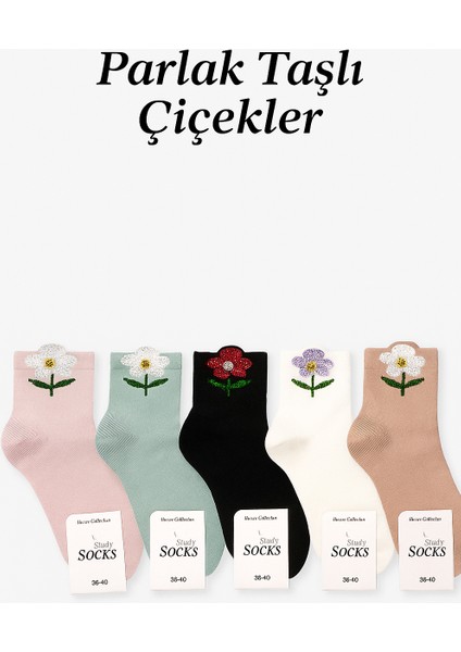 5 Çift 5 Renk Parlak Taşlı Çiçek Desenli Şık Kısa Okul Çorap Seti