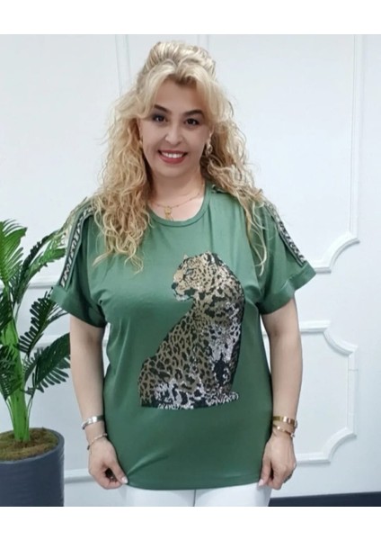 Özgü Giyim Butik Caftan Kadın Sıfır Yaka Önü Leopar Taş Baskılı Haki Renk Şık Bluz