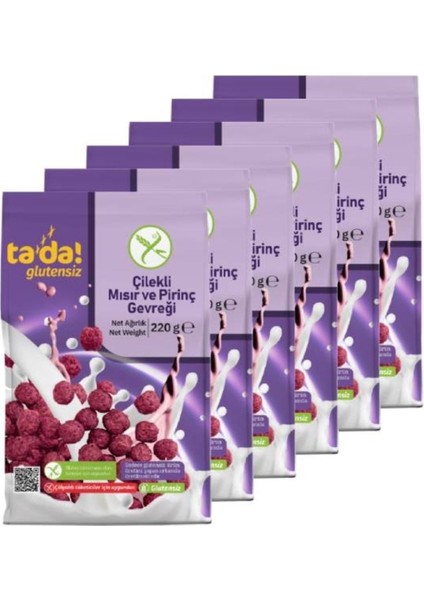 Glutensiz Gluten Free Çilekli Kahvaltılık Mısır ve Pirinç Gevreği 220 gr (6 Adet)