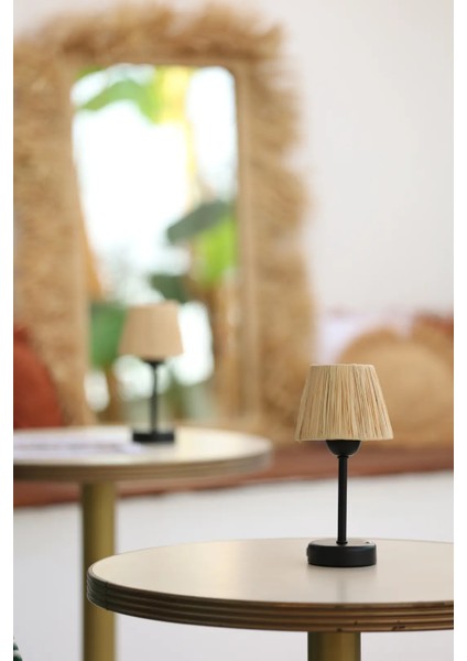 Rafya Saçaksız Şarjlı Masa Lambası - Alt Uzun Siyah