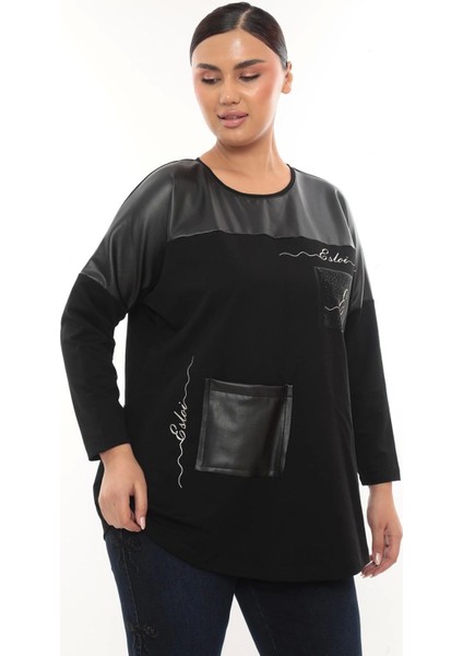 Rahat Kalıp Büyük Beden Kadın Bluz Uzun Kol Taş Detaylı