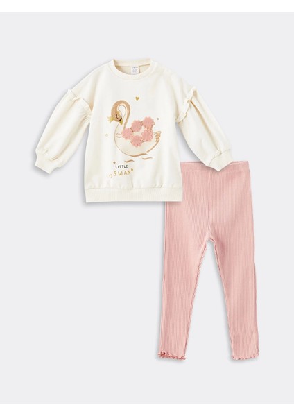 Lcw Kids Ekru Bisiklet Yaka Uzun Kollu Baskılı Kız Bebek Sweatshirt ve Tayt 2'li