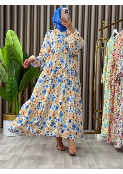 Kadın Çiçek Desenli Düğmeli Kat Kat Elbise