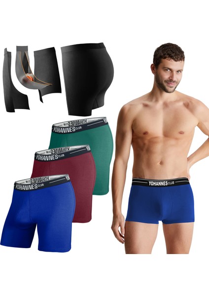 Erkek Özel Seperatörlü Pamuklu Boxer, 3'lü Paket - 3 Pack, Large, Bordo,yeşil,mavi