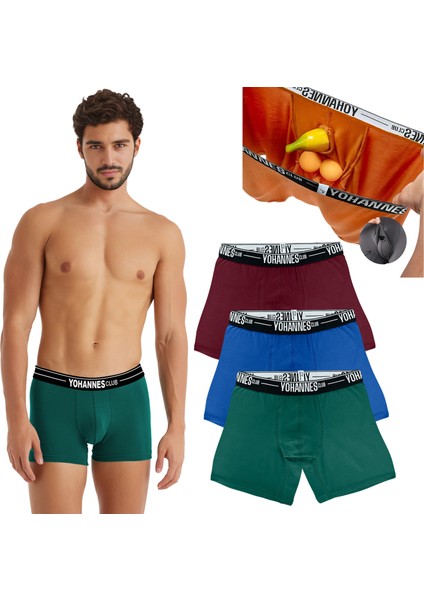 Erkek Özel Anatomik Pamuklu Boxer, 3'lü Paket - 3 Pack, X-Large, Bordo,yeşil,mavi