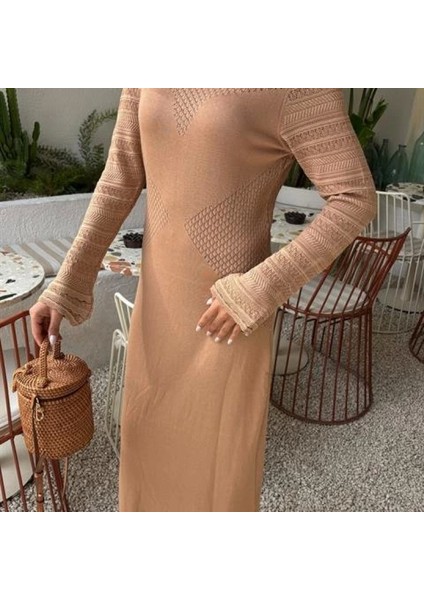 Ajur Detaylı Bisiklet Yaka Triko Elbise 2861 modelleri