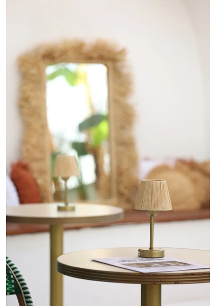 Rafya Saçaksız Şarjlı Masa Lambası - Alt Uzun Eskitme Gold