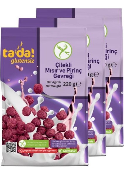 Glutensiz Gluten Free Çilekli Kahvaltılık Mısır ve Pirinç Gevreği 220 gr (3 Adet)