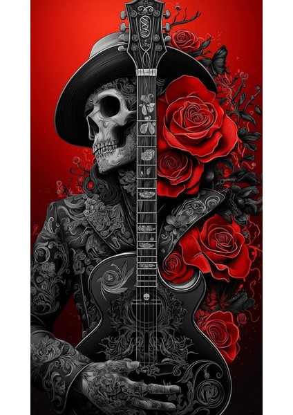 Modern Sanatsal Güllü Iskelet Gitar Ev Duvar Salon Güzellik Salonu Ofis Dükkan Dekarasyon Kanvas Tablo fiyatları