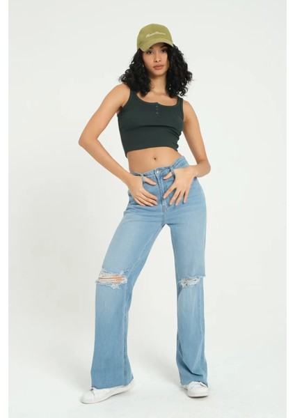 Kadın Kare Yaka Fitilli Düğmeli Tank Top Green