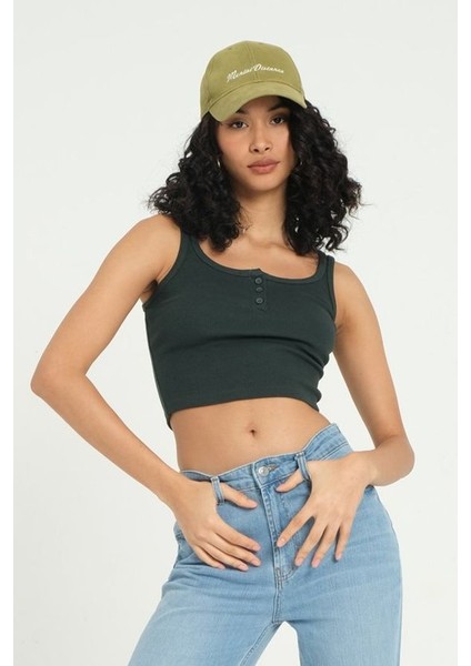 Kadın Kare Yaka Fitilli Düğmeli Tank Top Green fiyatları