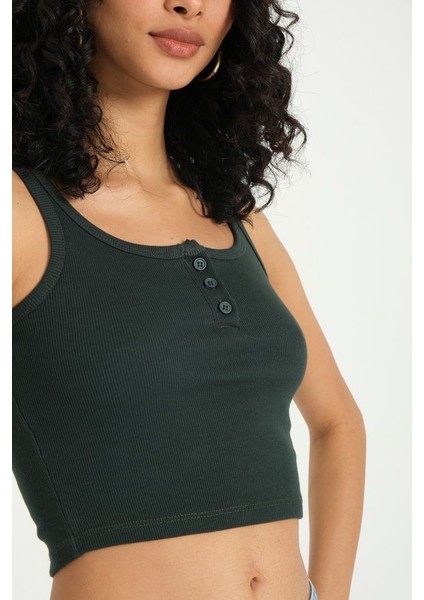 Kadın Kare Yaka Fitilli Düğmeli Tank Top Green