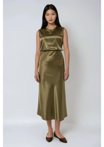 Kadın Yüksek Bel Saten Midi Etek Green fiyatları