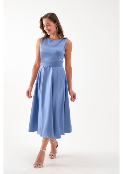 Kadın Indigo Kalın Askılı Kemerli Midi Abiye Elbise