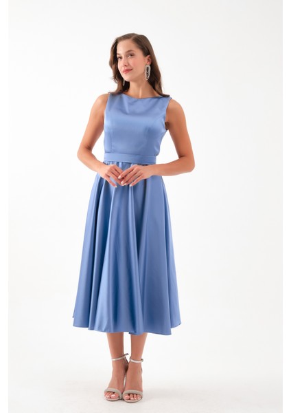 Kadın Indigo Kalın Askılı Kemerli Midi Abiye Elbise fiyatları