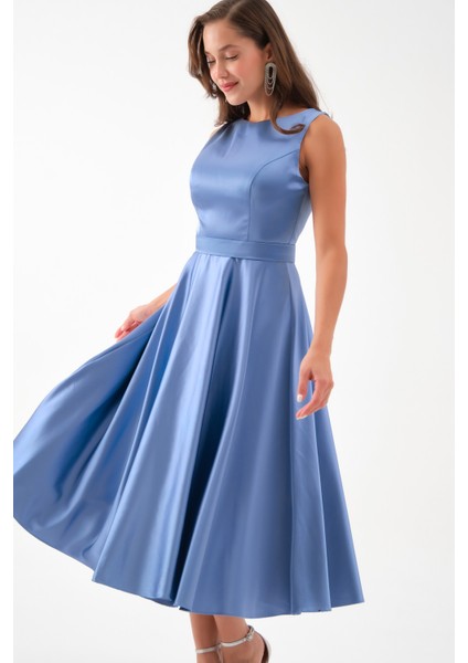 Kadın Indigo Kalın Askılı Kemerli Midi Abiye Elbise modelleri