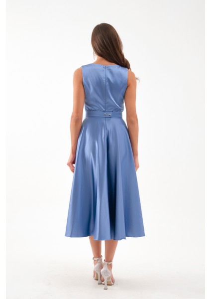 Kadın Indigo Kalın Askılı Kemerli Midi Abiye Elbise indirimleri