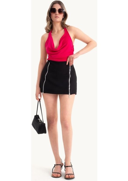 Kadın Orta Yükseklikte Fermuarlı Mini Etek Black fiyatları