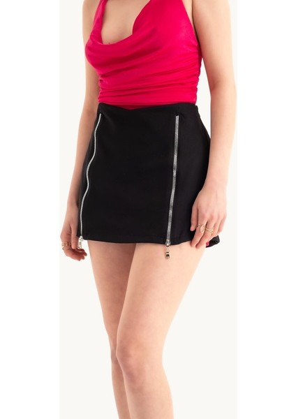Kadın Orta Yükseklikte Fermuarlı Mini Etek Black modelleri