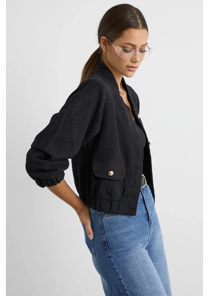 Kadın Cep Detaylı Kadife Yuvarlak Yakalı Ceket Siyah modelleri