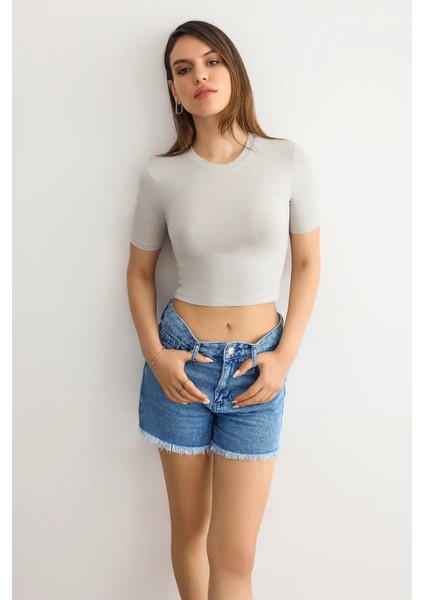 Kadın Bisiklet Yaka Temel Crop Top Natural