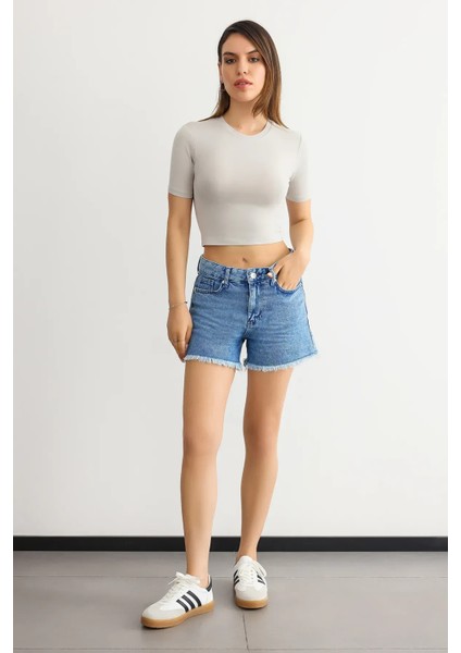 Kadın Bisiklet Yaka Temel Crop Top Natural fiyatları