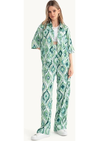 Kadın Dökümlü Kısa Kollu Saten Boho Gömlek Green fırsatları