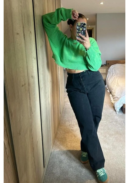 Kadın Düz Yuvarlak Yaka Yırtık Crop Kazak Green