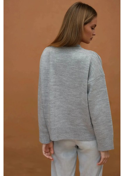 Kadın Bisiklet Yaka Relax Fit Yumuşak Triko Kazak Grey