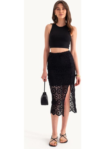 Kadın Dantel Kroşe Orta Bel Etek Siyah