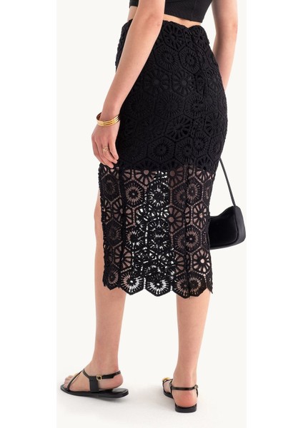 Kadın Dantel Kroşe Orta Bel Etek Siyah modelleri
