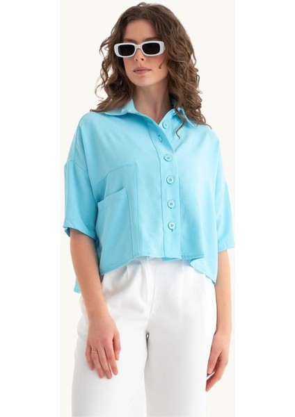 Kadın Düğme Detaylı Cep Gömlek Blue
