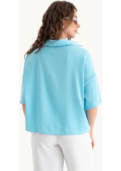 Kadın Düğme Detaylı Cep Gömlek Blue modelleri