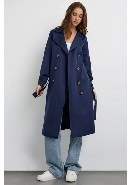Kadın Kemerli Düğmeli Trençkot Lacivert