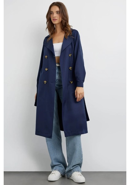 Kadın Kemerli Düğmeli Trençkot Lacivert fırsatları