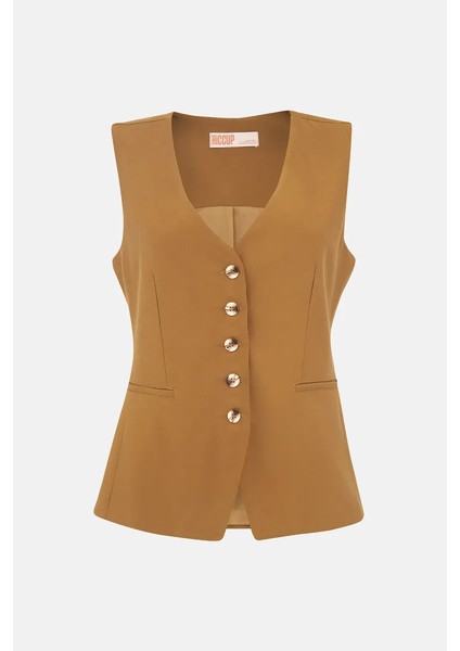 Kadın Düğmeli Düz Yelek Brown